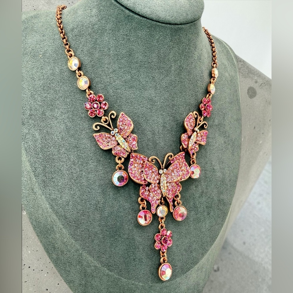 Kirks Folly Pink Butterfly Rhinestone Necklace AB Drop Signed 16”-19” whimsical - Picture 7 of 17